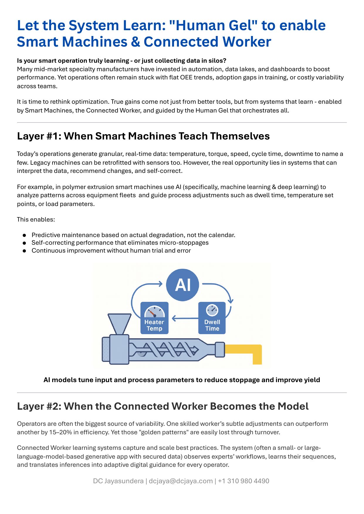 Article page 1: Let the System Learn — Human Gel to enable Smart Machines & Connected Worker; Layer 1, Smart Machines that teach themselves.