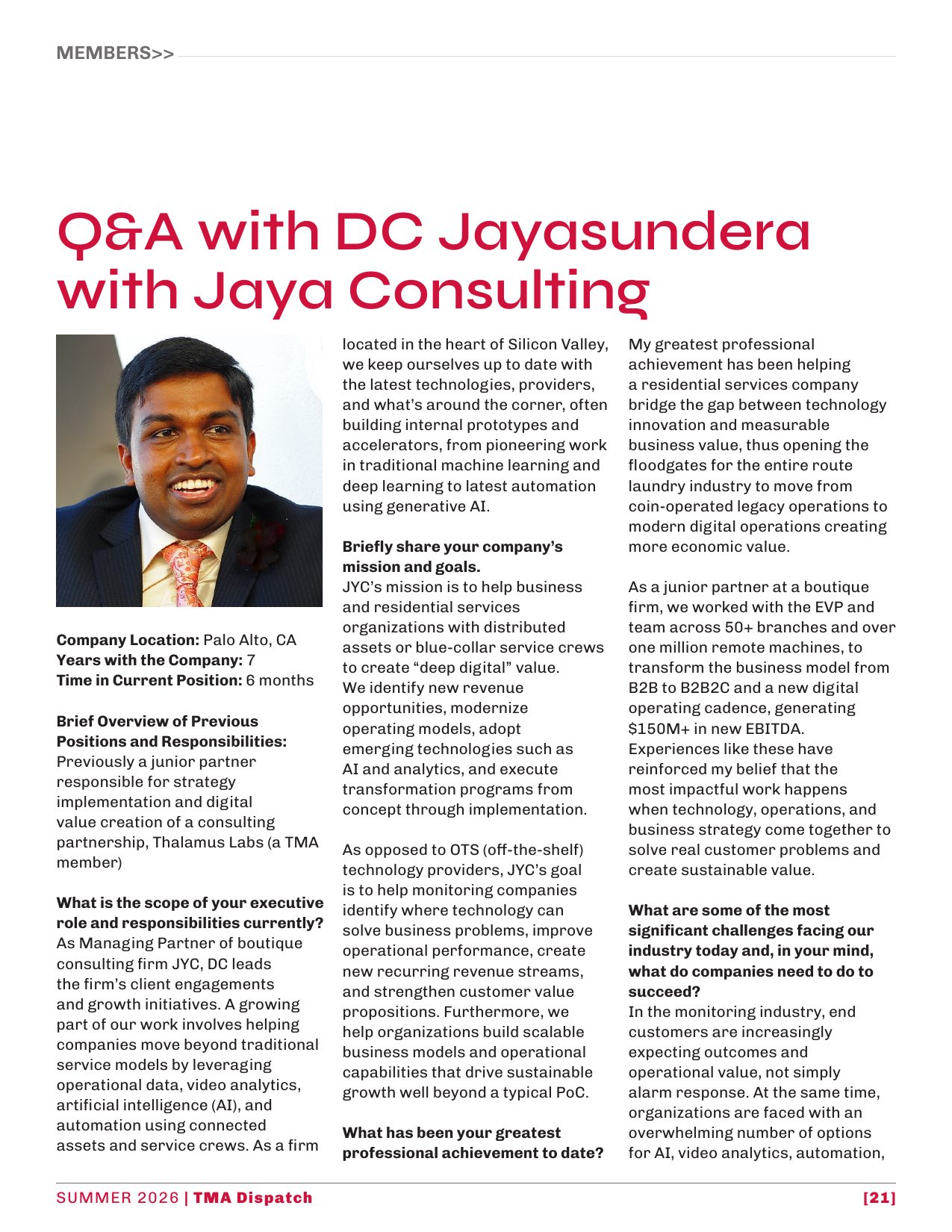 TMA Dispatch page 21: Q&A with DC Jayasundera of Jaya Consulting.